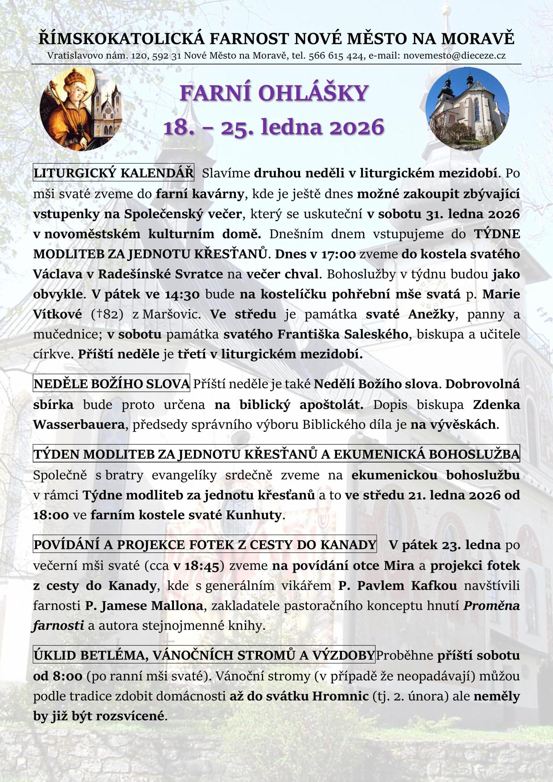 FARNÍ OHLÁŠKY 18. – 25. LEDNA 2026 – Farnost Nové Město na Moravě
