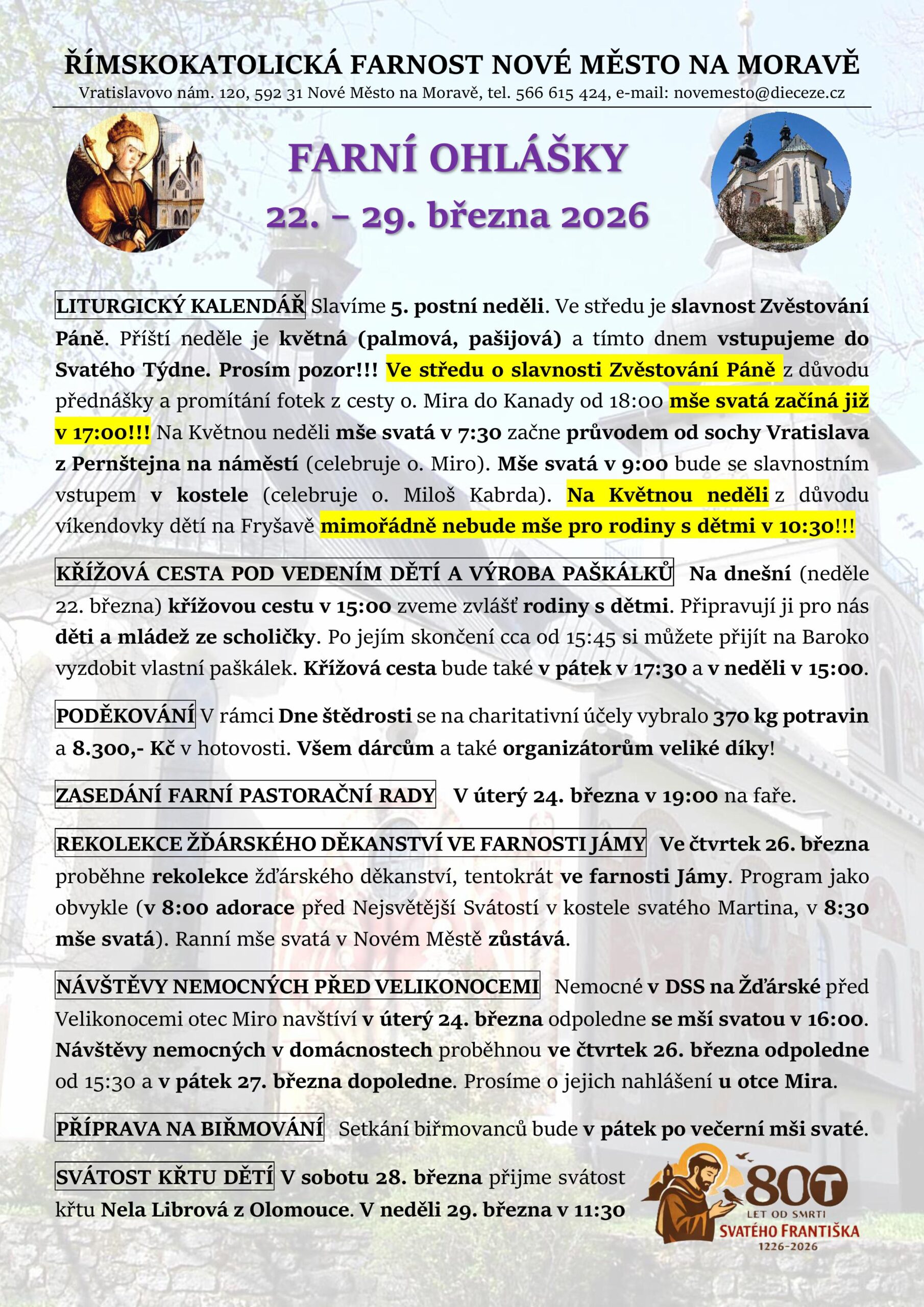 FARNÍ OHLÁŠKY 22. – 29. BŘEZNA 2026 – Farnost Nové Město na Moravě